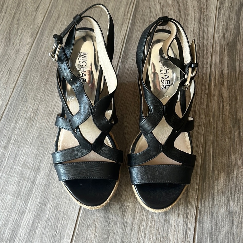 Michael Kors Leather Espadrille Wedge Sandals